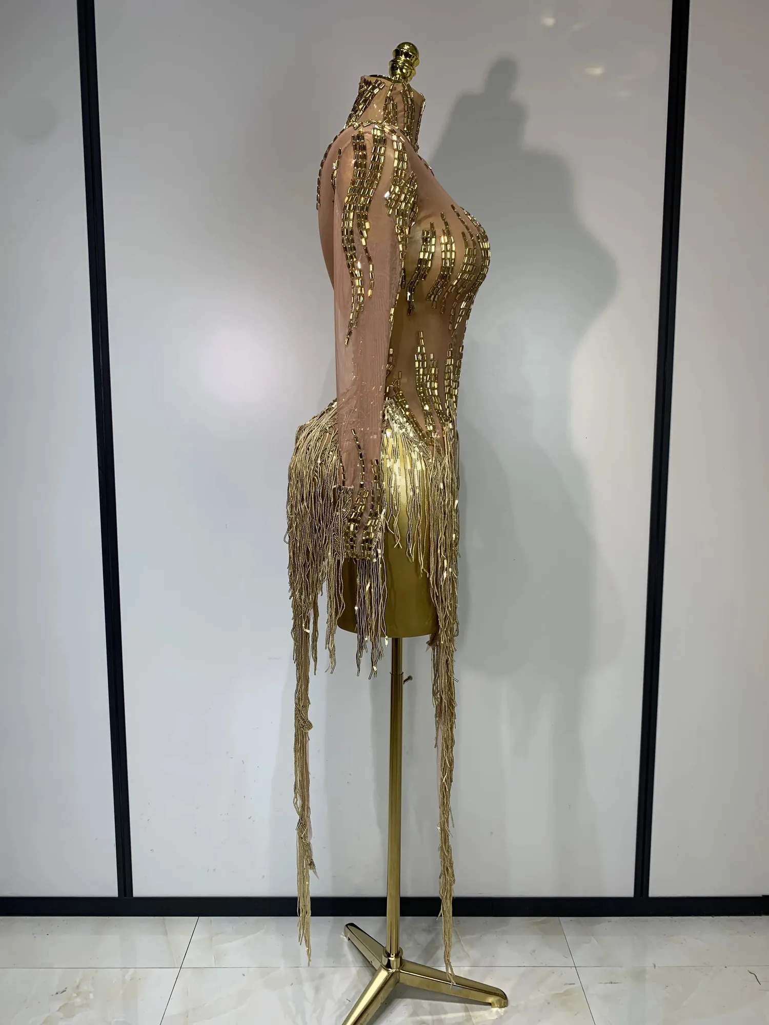 gold rhinestone mesh dress Sparkly with Golden Tassel, Sexy Stage Costume for Evening Party, Birthday, Nightclub, DJ, and Dancer Outfit Islamic Maxi Dress
