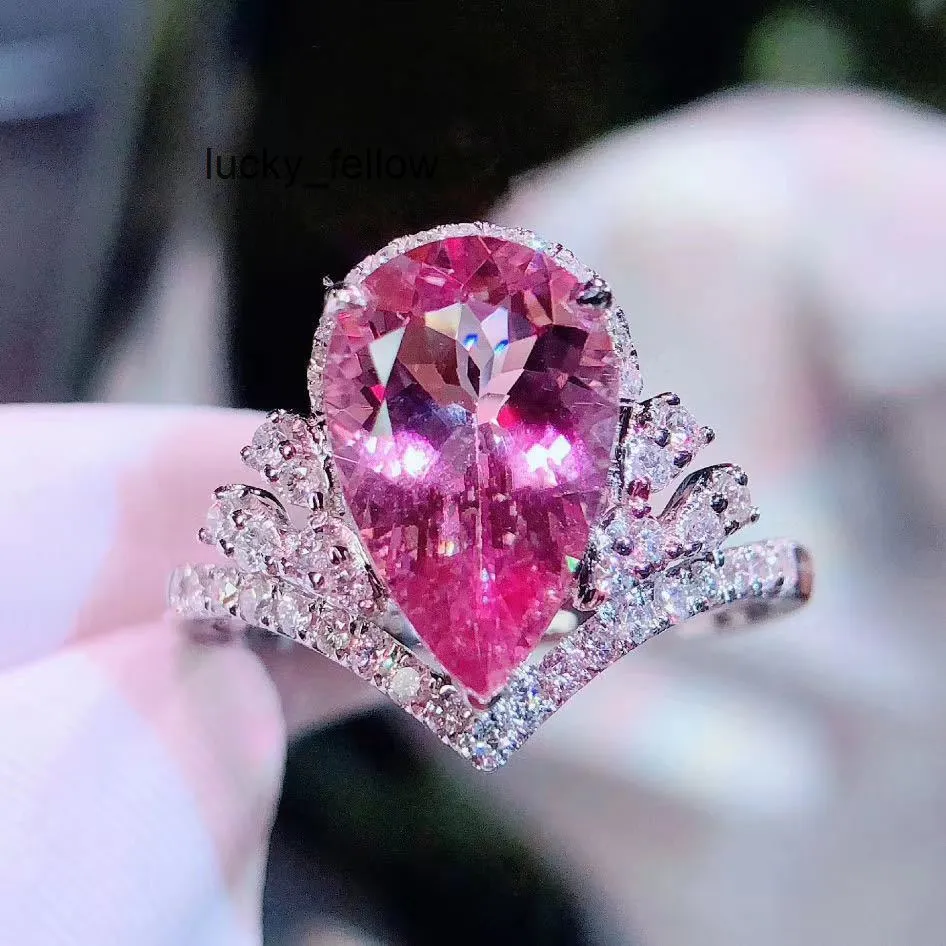 Luxurious Crown High Carbon Simulated Teardrop Pink Gemstone Moissanite Open Earrings Diamond Ring Set_voghion.com