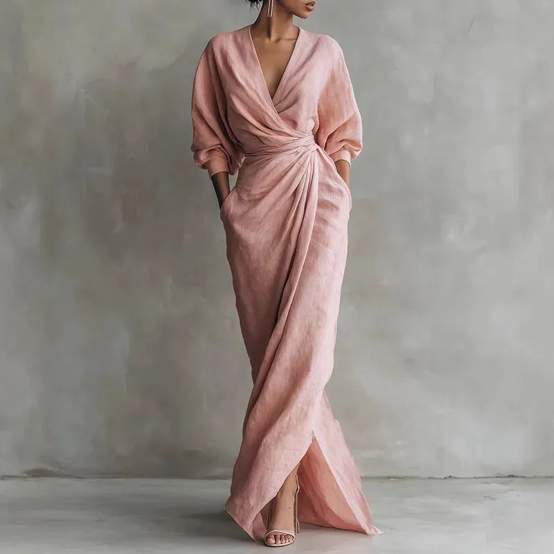 Womens Sexy V Neck Wrap Waist Long Dresses 2026 Spring Casual Solid Slim Bodycon Hips Dress Elegant Long Sleeve Slit Maxi Dress 260421BJ