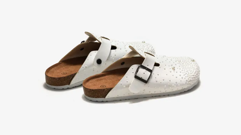 Elegant White Pearl Cork Clogs With Rhinestone Trim Beach Mules_voghion.com