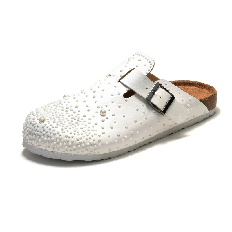 RUIZUSTOCK Elegant Pearl Embellished Cork Clogs White Rhinestone Trimmed Casual Mules_voghion.com