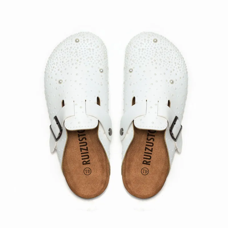 RUIZUSTOCK Elegant Pearl Embellished Cork Clogs White Rhinestone Trimmed Casual Mules_voghion.com