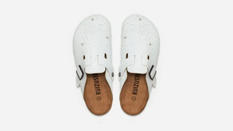 Elegant White Pearl Cork Clogs With Rhinestone Trim Beach Mules_voghion.com
