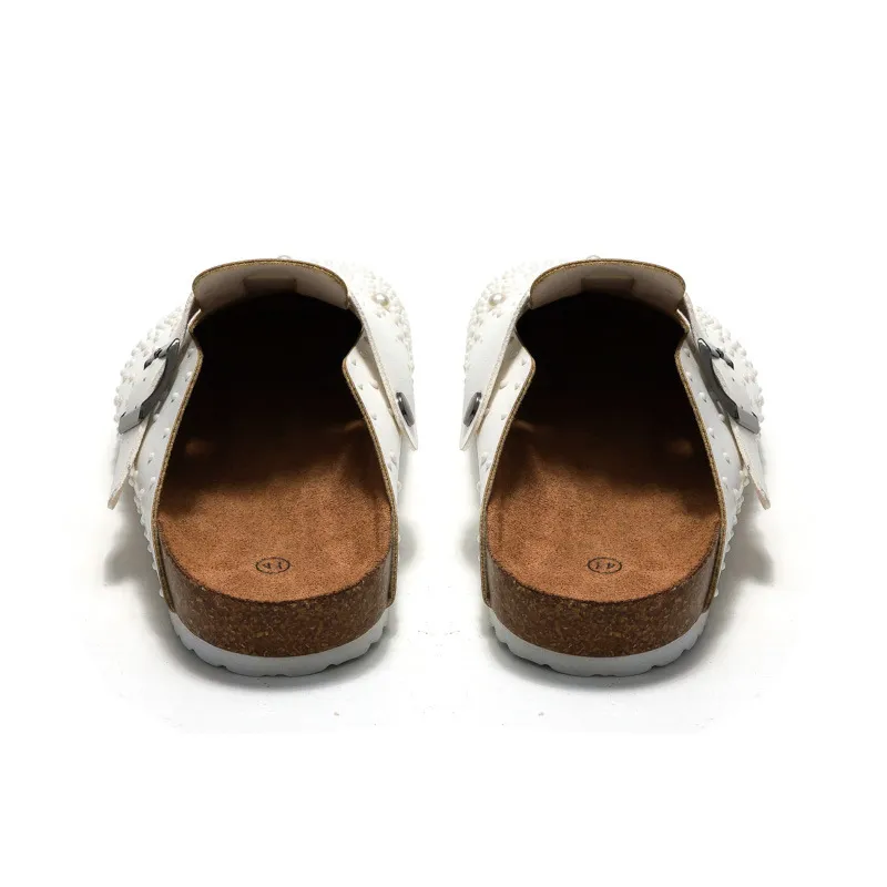 RUIZUSTOCK Elegant Pearl Embellished Cork Clogs White Rhinestone Trimmed Casual Mules_voghion.com