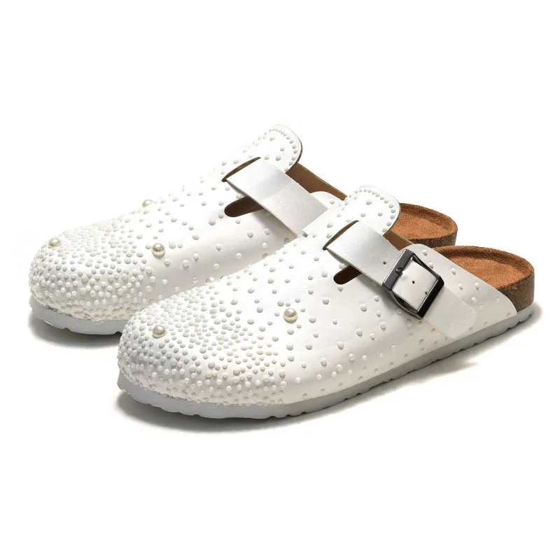 RUIZUSTOCK Elegant Pearl Embellished Cork Clogs White Rhinestone Trimmed Casual Mules_voghion.com