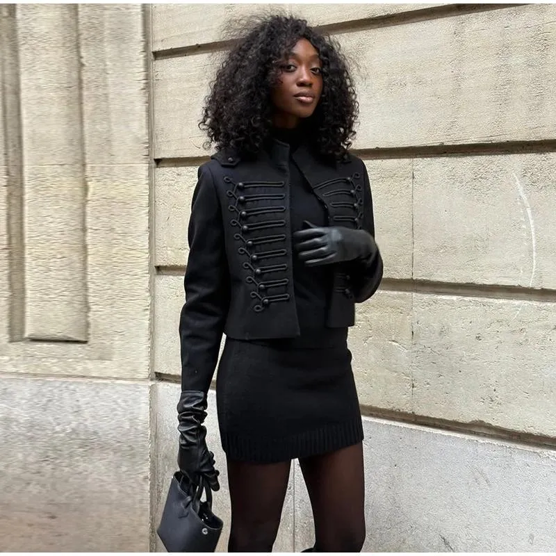 Napoleon Style Black Cropped Long Jacket Women For From