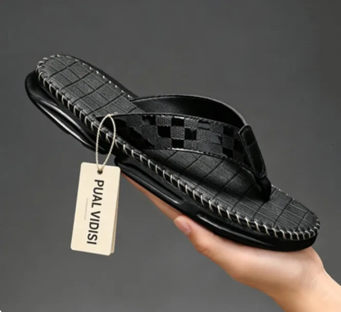 Men Plaid Embossed Leather Flip Flops Stitch Detail Non Thick Sole Casual Summer Beach Anti Slip Thong Slippers_voghion.com
