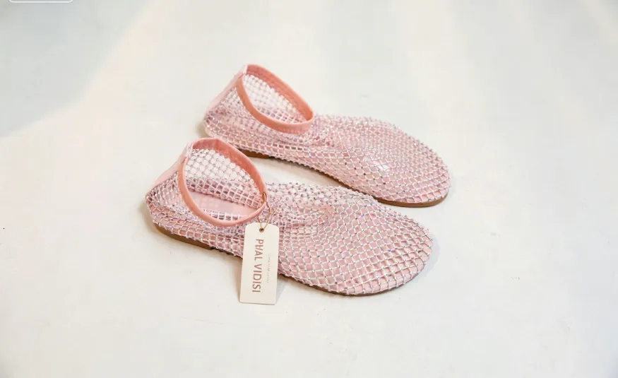 Women Pink Mesh Rhinestone Flat Sandals Hollow Out Closed Toe Ankle Strap Bling Sparkly Casual Party Summer Dress Shoes_voghion.com
