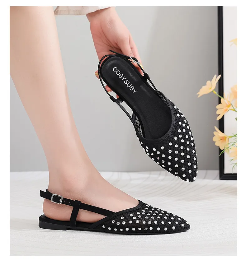 Women Rhinestone Mesh Pointed Toe Slingback Flat Sandals Casual_voghion.com