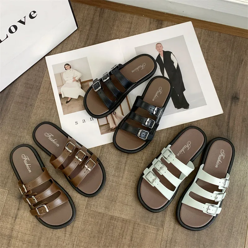 Free Shipping 2026 Fashionable Flat For Women Summer Buttoned Up And Worn In A Straight Drag On Beach Slippers_voghion.com