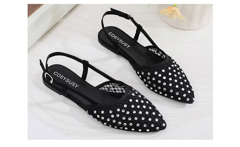 Women Rhinestone Mesh Pointed Toe Slingback Flat Sandals Casual_voghion.com