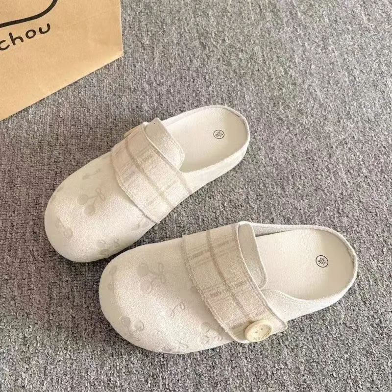 Women Cherry Embroidery Plaid Mule Slippers Flat Casual Sandals_voghion.com