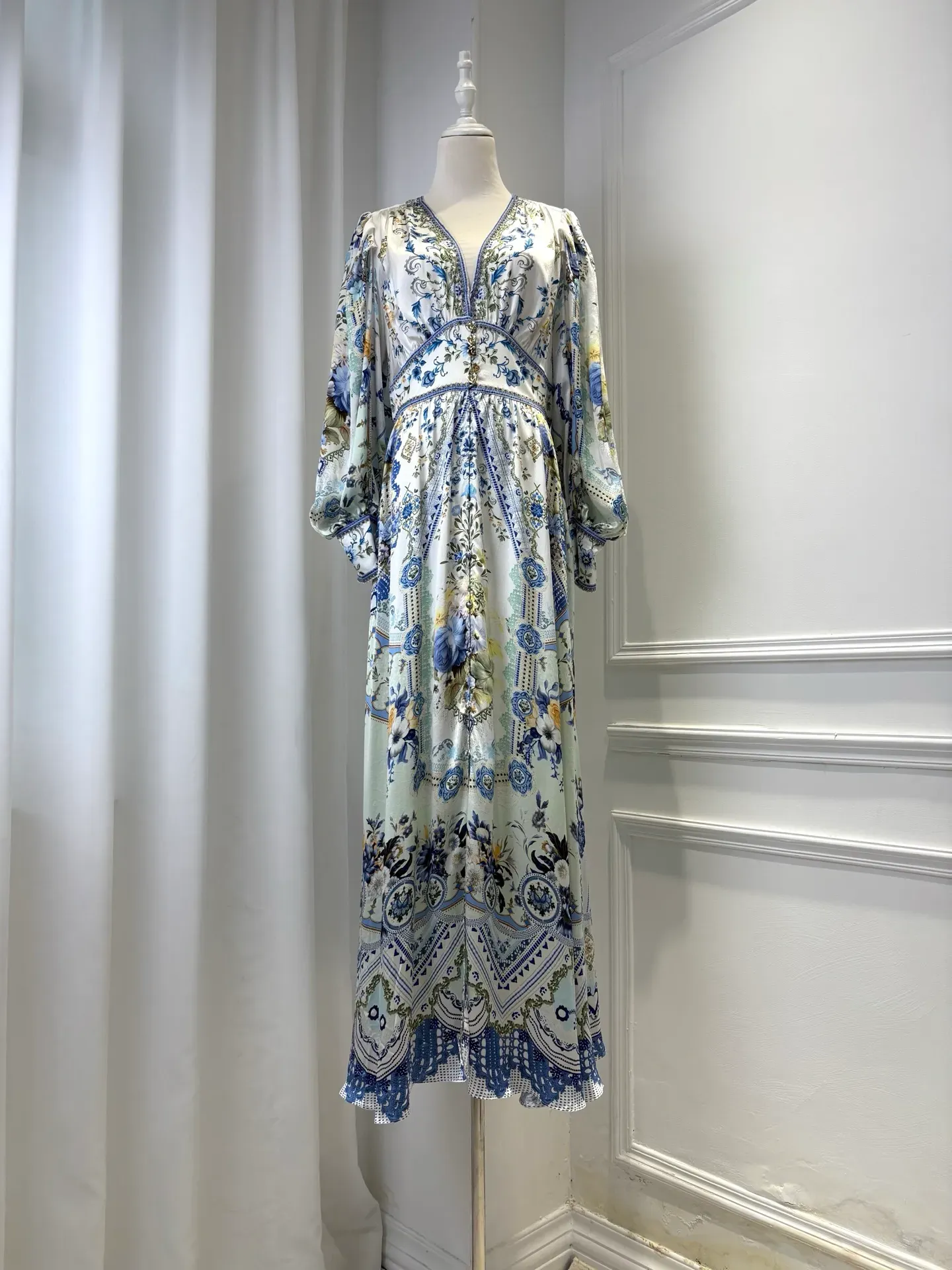 camilla dress blue Camilla Crystal-Embellished Shirred Printed Silk-Chiffon Maxi Dress - Blue - 40% Off