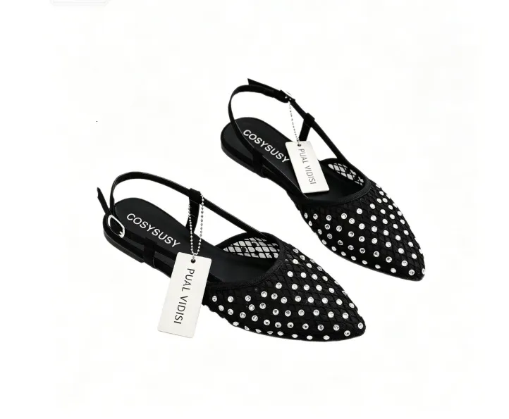 Women Rhinestone Mesh Pointed Toe Slingback Flats Adjustable Ankle Strap Hollow Out Breathable Casual Ballet Dress Shoes_voghion.com