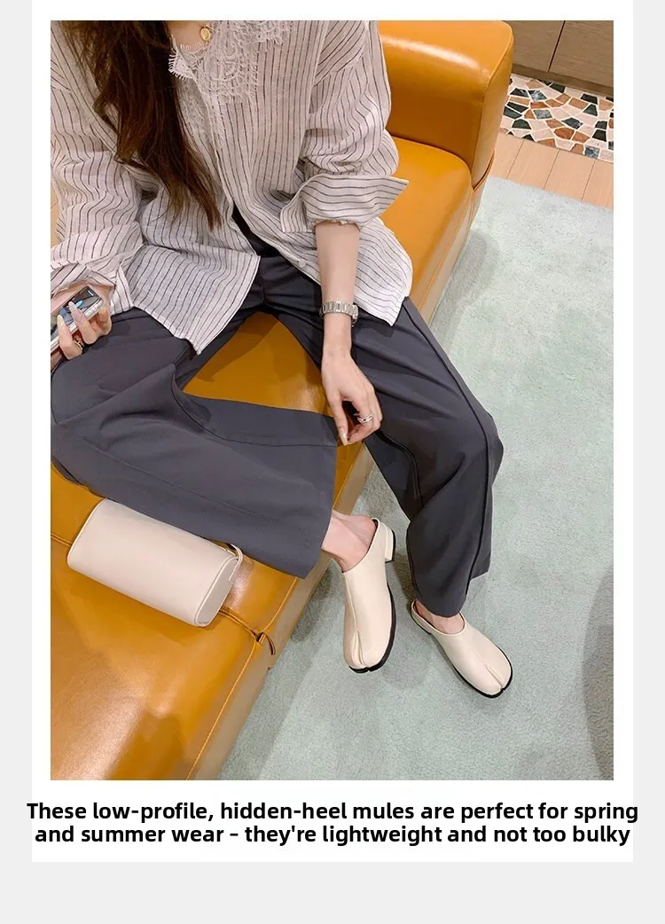 Women Minimalist Split Tabi Mule Slippers Solid Color Soft Leather Backless Low Heel Casual Slip On Closed Toe Slides_voghion.com