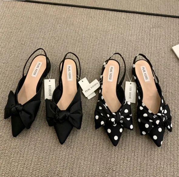 Women Pointed Toe Bow Slingback Flat Sandals Solid Polka Dot Print Back Strap Casual Daily Dress Ballerina Shoes_voghion.com