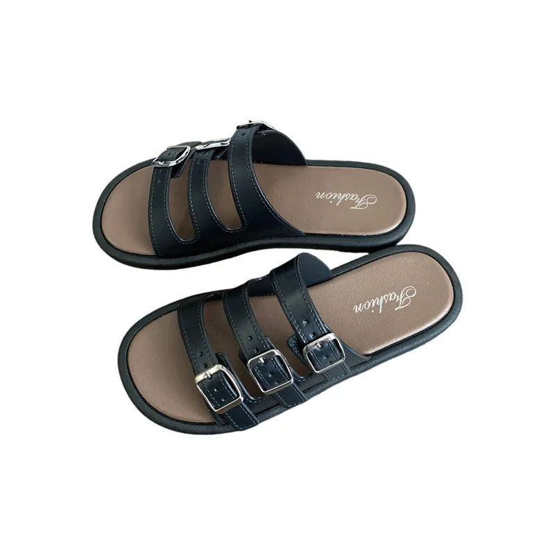 Free Shipping 2026 Fashionable Flat For Women Summer Buttoned Up And Worn In A Straight Drag On Beach Slippers_voghion.com