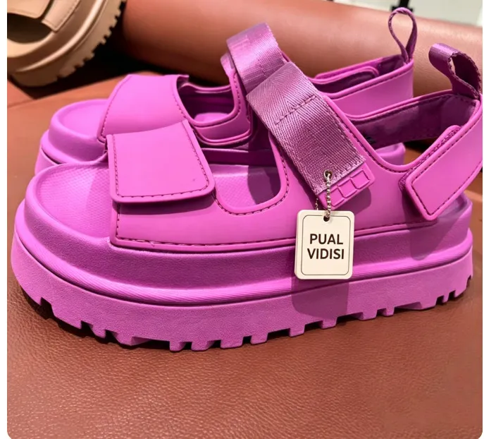 Women Bright Pink Platform Adjustable Magic Tape Straps Lug Sole Open Toe Casual Summer Beach Sports Sandals_voghion.com