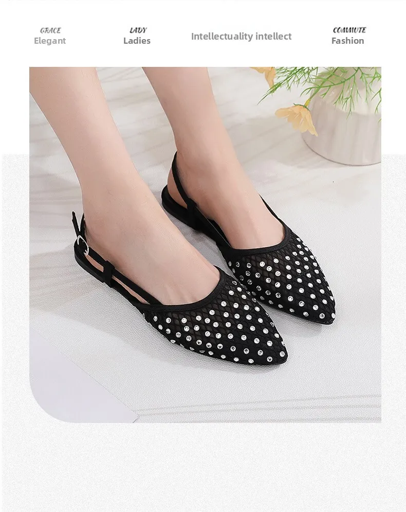 Women Rhinestone Mesh Pointed Toe Slingback Flat Sandals Casual_voghion.com