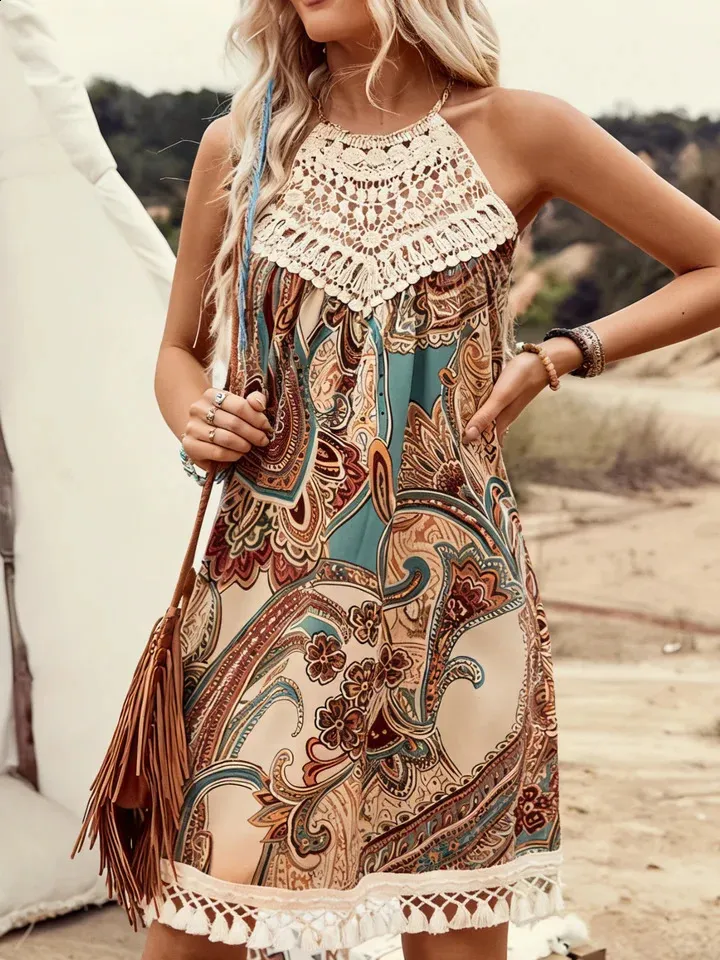 Womens Boho Paisley Halter Dress Lace Crochet Tassel Hem Sleeveless Mini  Dress for Beach Vacation Summer Casual 260402