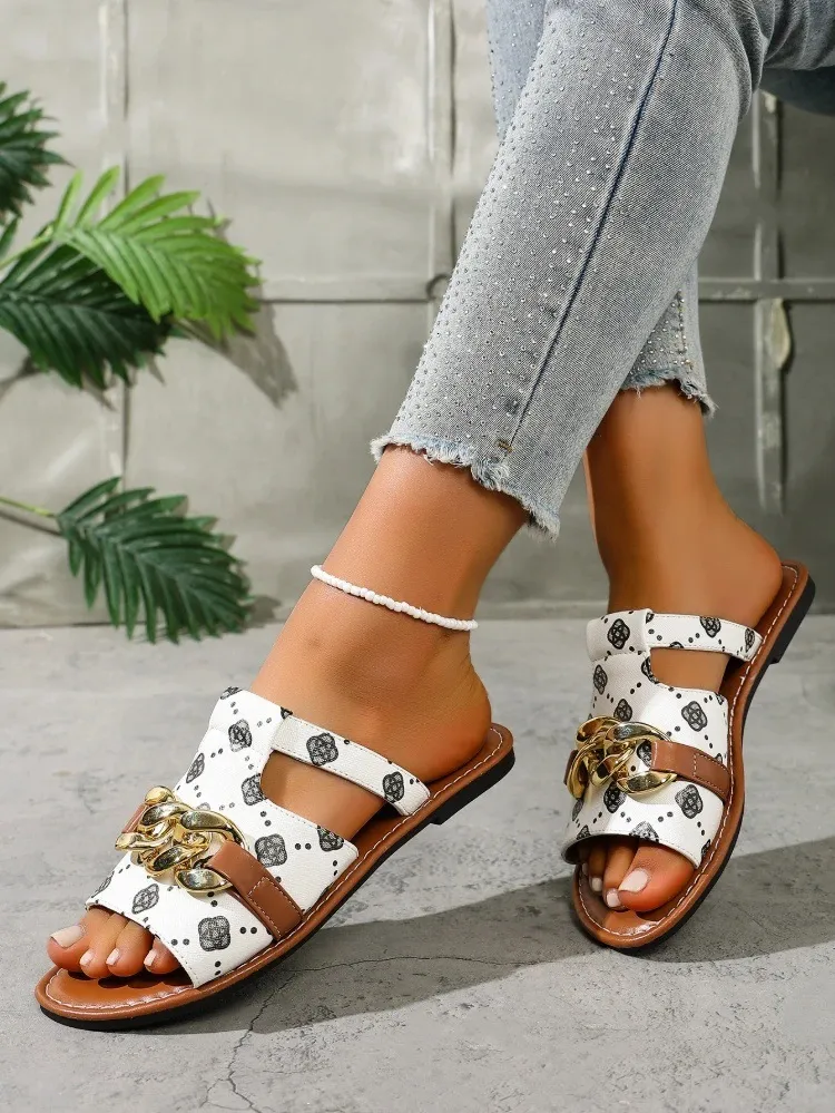 Luxury Gold Chain Accent Flat Slide Sandals Retro Printed Pattern Designer Inspired Casual Summer Slides_voghion.com