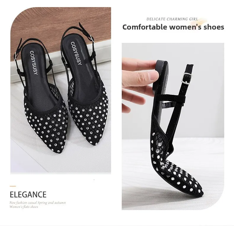 Women Rhinestone Mesh Pointed Toe Slingback Flat Sandals Casual_voghion.com