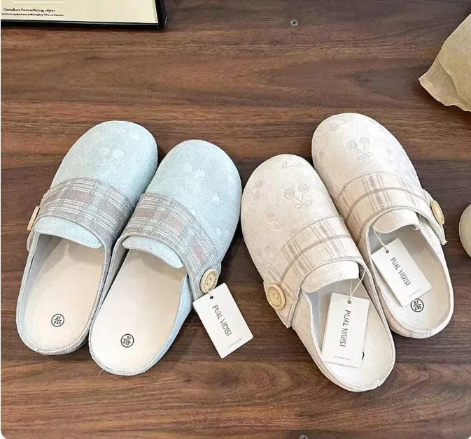 Women Cherry Embroidery Plaid Strap Clogs Adjustable Button Backless Slip On Soft Flat Casual Home Mule Slippers_voghion.com