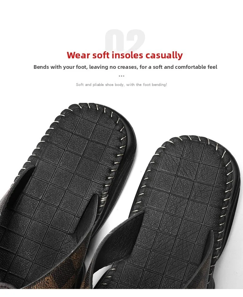 Men Plaid Embossed Leather Flip Flops With Stitch Detail_voghion.com