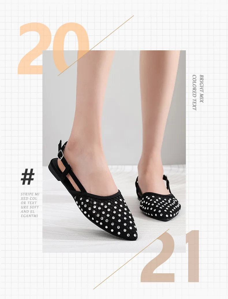 Women Rhinestone Mesh Pointed Toe Slingback Flat Sandals Casual_voghion.com
