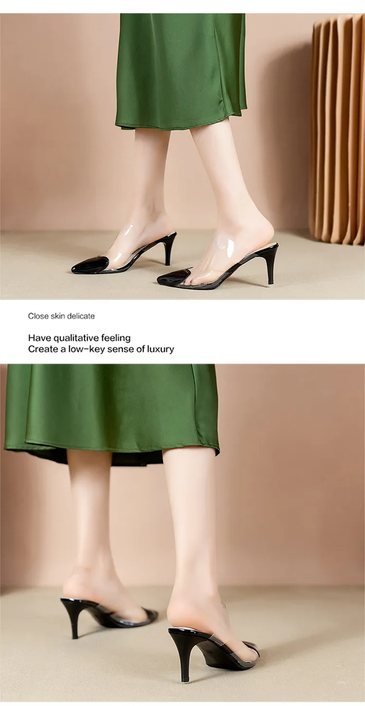 Elegant Women's Black Pointed Toe Mules With Clear Pvc Strap_voghion.com