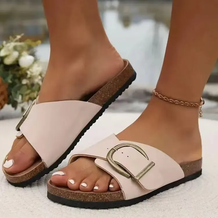 Women's Beige Single Strap Buckle Platform Sandals Casual Summer_voghion.com