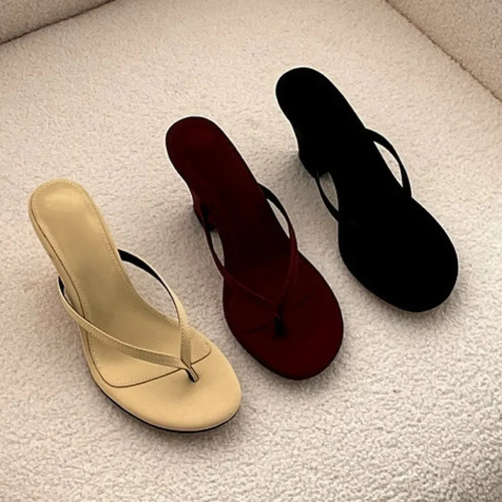 Damen-Flip-Flops aus Wildleder, Absatz-Mules, Sommersandalen aus dickem Lammleder, Flip-Flops aus echtem Leder mit hohem Absatz_voghion.com