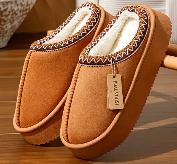 Women Brown Fuzzy Lined Platform Slippers Faux Suede Embroidery Edge Closed Toe Warm Plush Winter Indoor Outdoor House_voghion.com