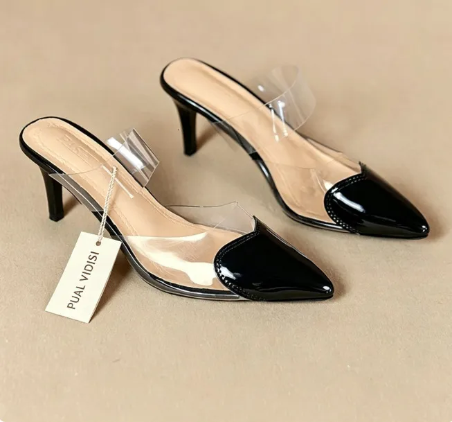 Women Patent Pointed Toe Clear Strap Mules Black Transparent PVC Kitten Heel Backless Slip On Elegant Summer Slide_voghion.com