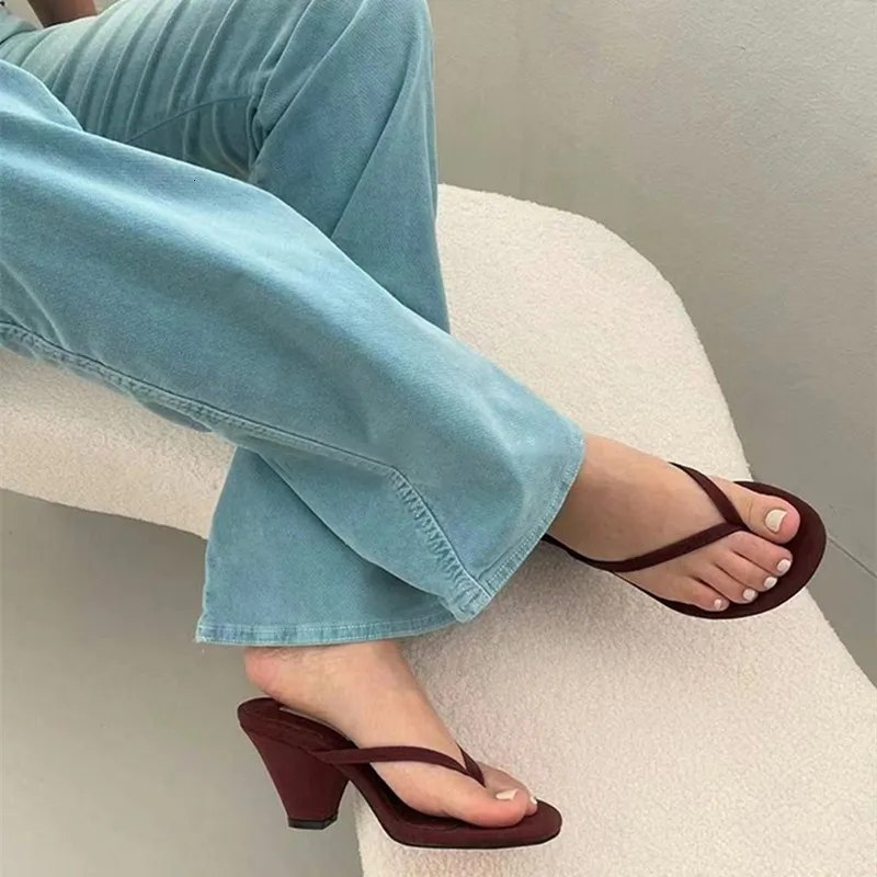 Damen-Flip-Flops aus Wildleder, Absatz-Mules, Sommersandalen aus dickem Lammleder, Flip-Flops aus echtem Leder mit hohem Absatz_voghion.com