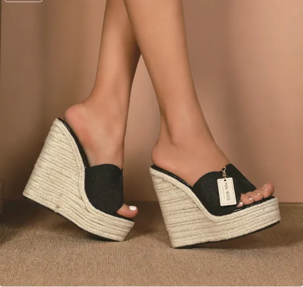 Women Black Twist Strap Espadrille Wedge Sandals Peep Toe Ultra High Platform Heel Backless Slip On Summer Beach Slide_voghion.com