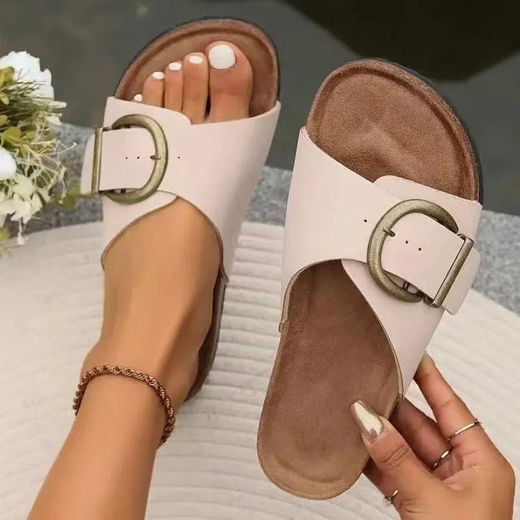 Women's Beige Single Strap Buckle Platform Sandals Casual Summer_voghion.com