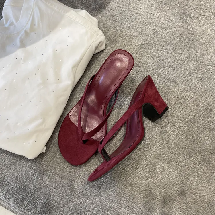 Damen-Flip-Flops aus Wildleder, Absatz-Mules, Sommersandalen aus dickem Lammleder, Flip-Flops aus echtem Leder mit hohem Absatz_voghion.com