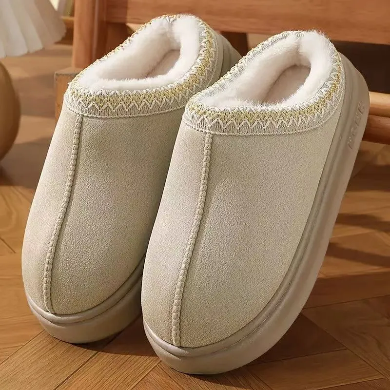 Women Brown Fuzzy Lined Platform Slippers Faux Suede Embroidery Edge Closed Toe Warm Plush Winter Indoor Outdoor House_voghion.com