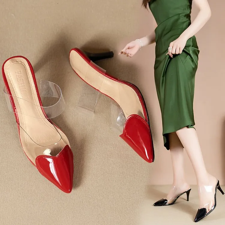 Women Patent Pointed Toe Clear Strap Mules Black Transparent PVC Kitten Heel Backless Slip On Elegant Summer Slide_voghion.com