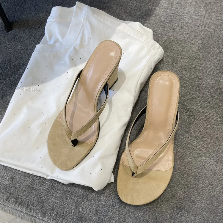 Damen-Flip-Flops aus Wildleder, Absatz-Mules, Sommersandalen aus dickem Lammleder, Flip-Flops aus echtem Leder mit hohem Absatz_voghion.com