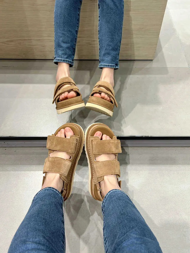 Women's Suede Double Platform Sandals Open Toe Ankle Strap Flat_voghion.com