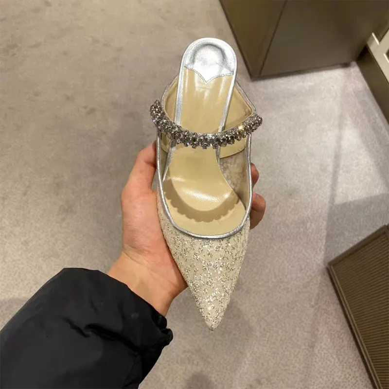 Water Diamond Chain Mueller Shoes Summer Pointed Mesh Sequins Fine Heel Straight Strap High Heeled Womens Slippers_voghion.com