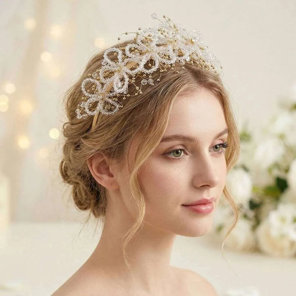 Romantic Gold Crystal Gold Flower Tiara With Floral... From  display picture 3