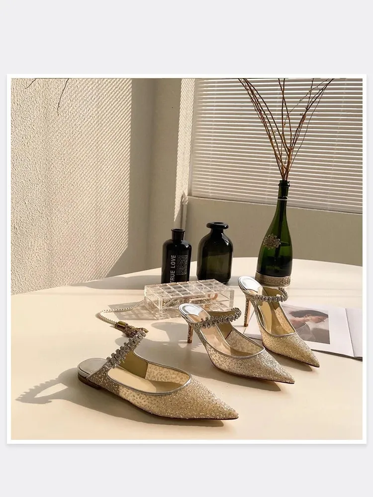 Elegant Women's Pointed Mesh Sandals With Sequins And Fine Heels_voghion.com