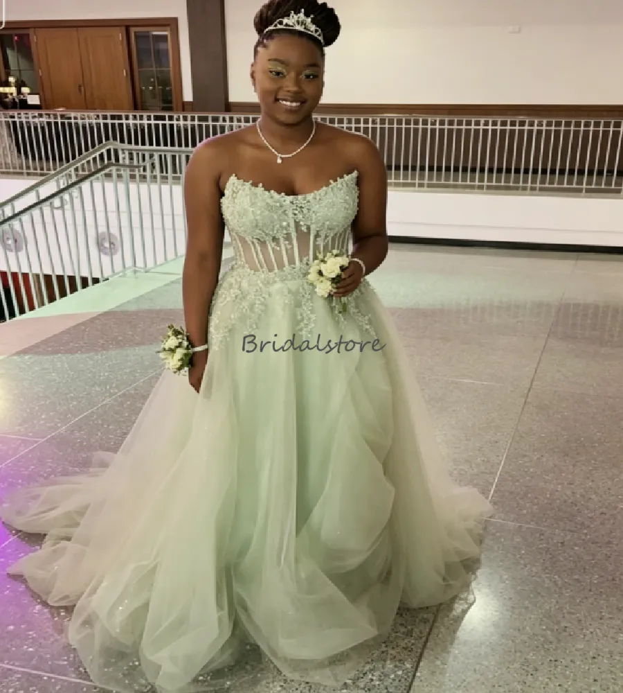 sage green a line prom dress Sage Green Tulle A-line Strapless Sweetheart Neck Prom Dresses With Slit, MP936