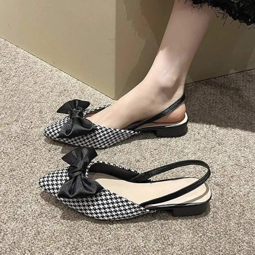 Sandalias planas de mujer con punta puntiaguda, lazo y tira trasera, estampado de lunares lisos, estilo casual y bailarina para uso diario._voghion.com