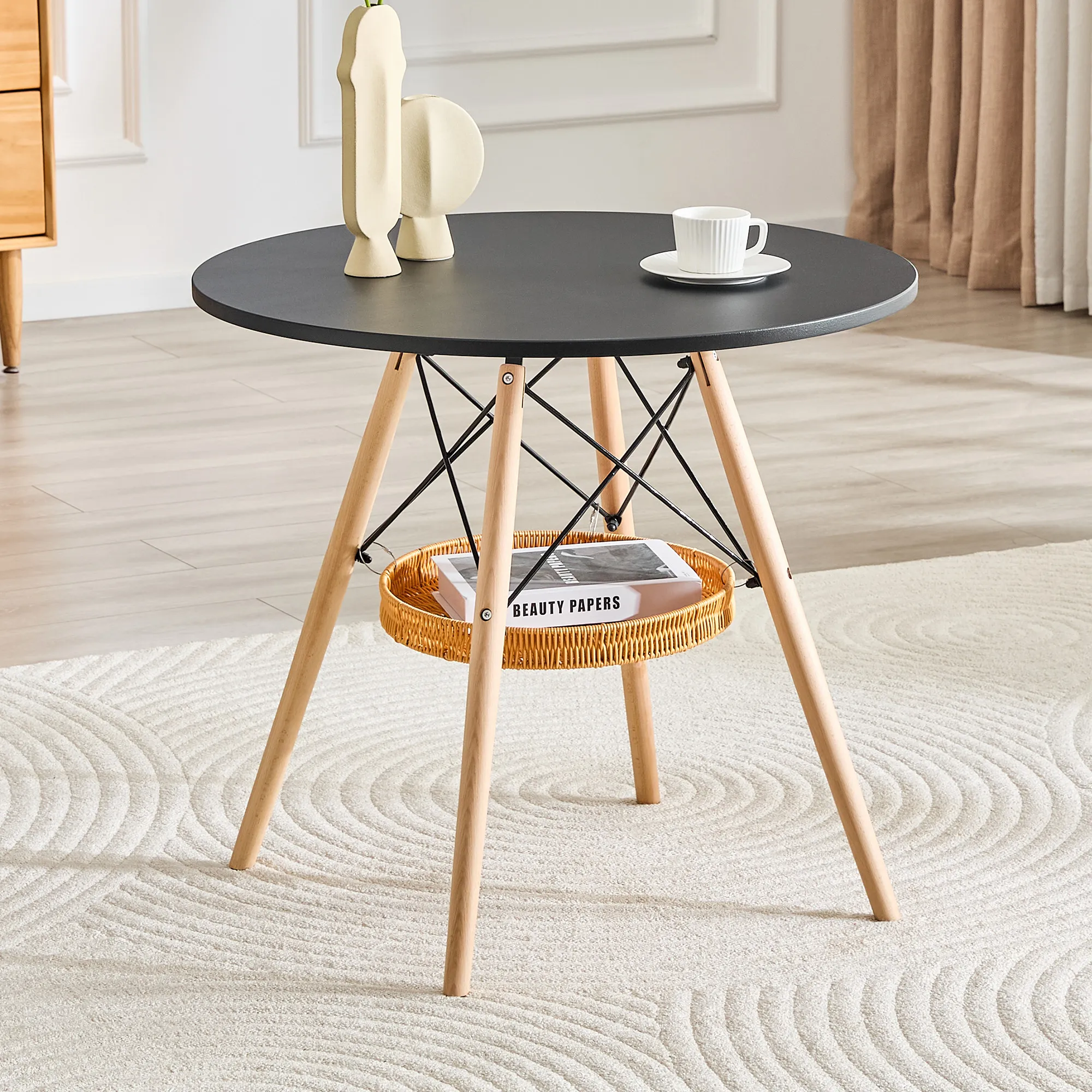 Mini Moderner runder Esstisch, moderner kleiner Küchentisch mit 4 Beinen aus Massivholz, minimalistischer weißer Couchtisch, Akzenttisch für