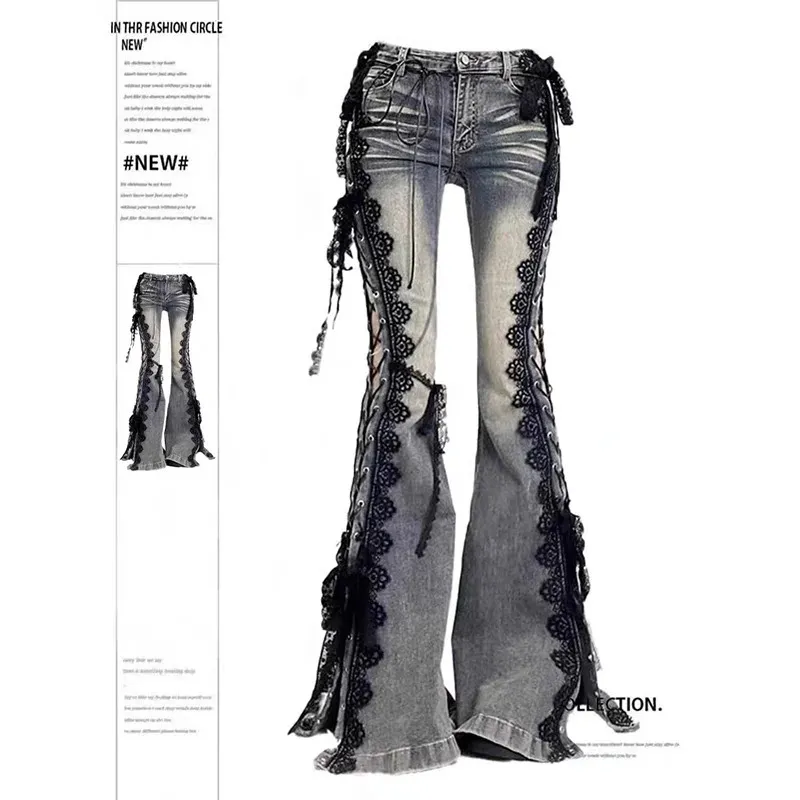 Dark Academia Harajuku Y2K Low Rise Lace Jeans For Women | DHgate