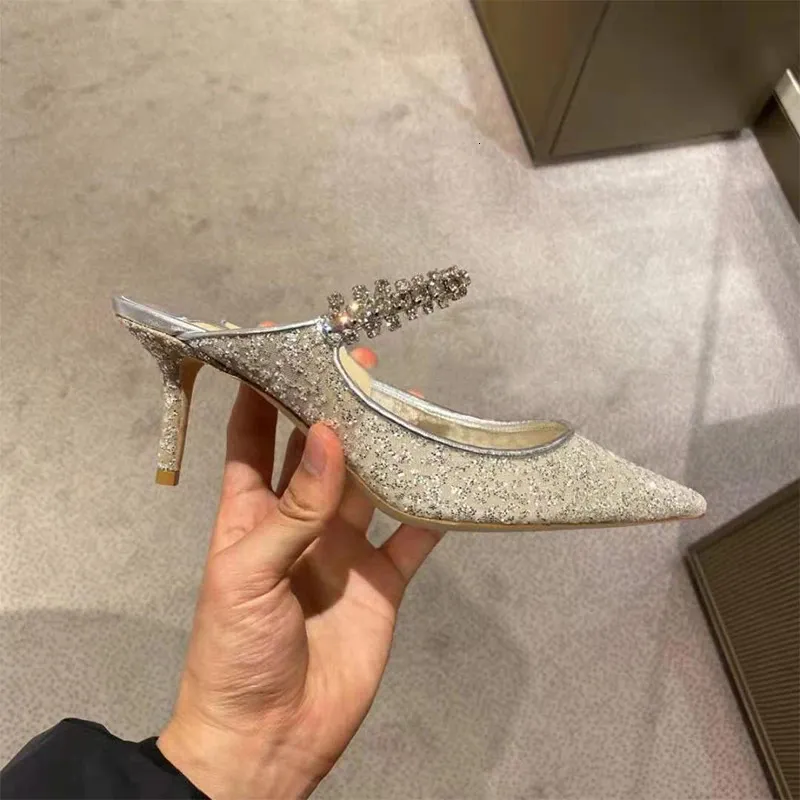 Water Diamond Chain Mueller Shoes Summer Pointed Mesh Sequins Fine Heel Straight Strap High Heeled Womens Slippers_voghion.com
